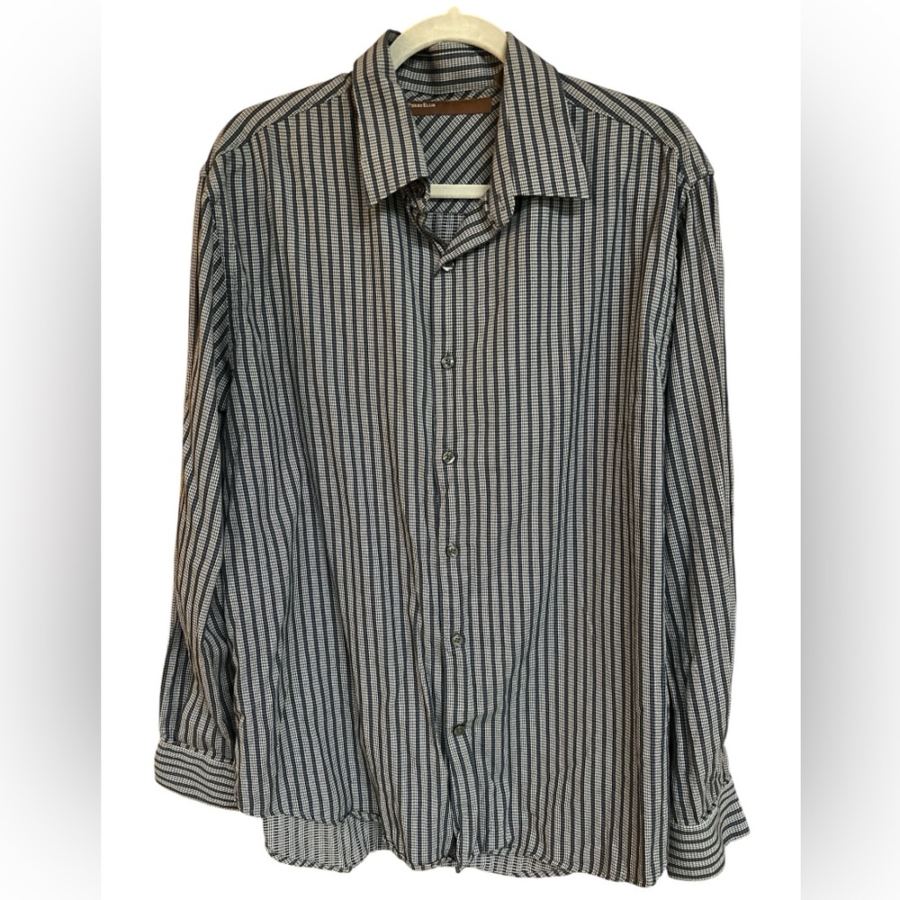 Perry Ellis Button Up Mens Cotton Blue Striped Casual Dress Shirt XL Preowned